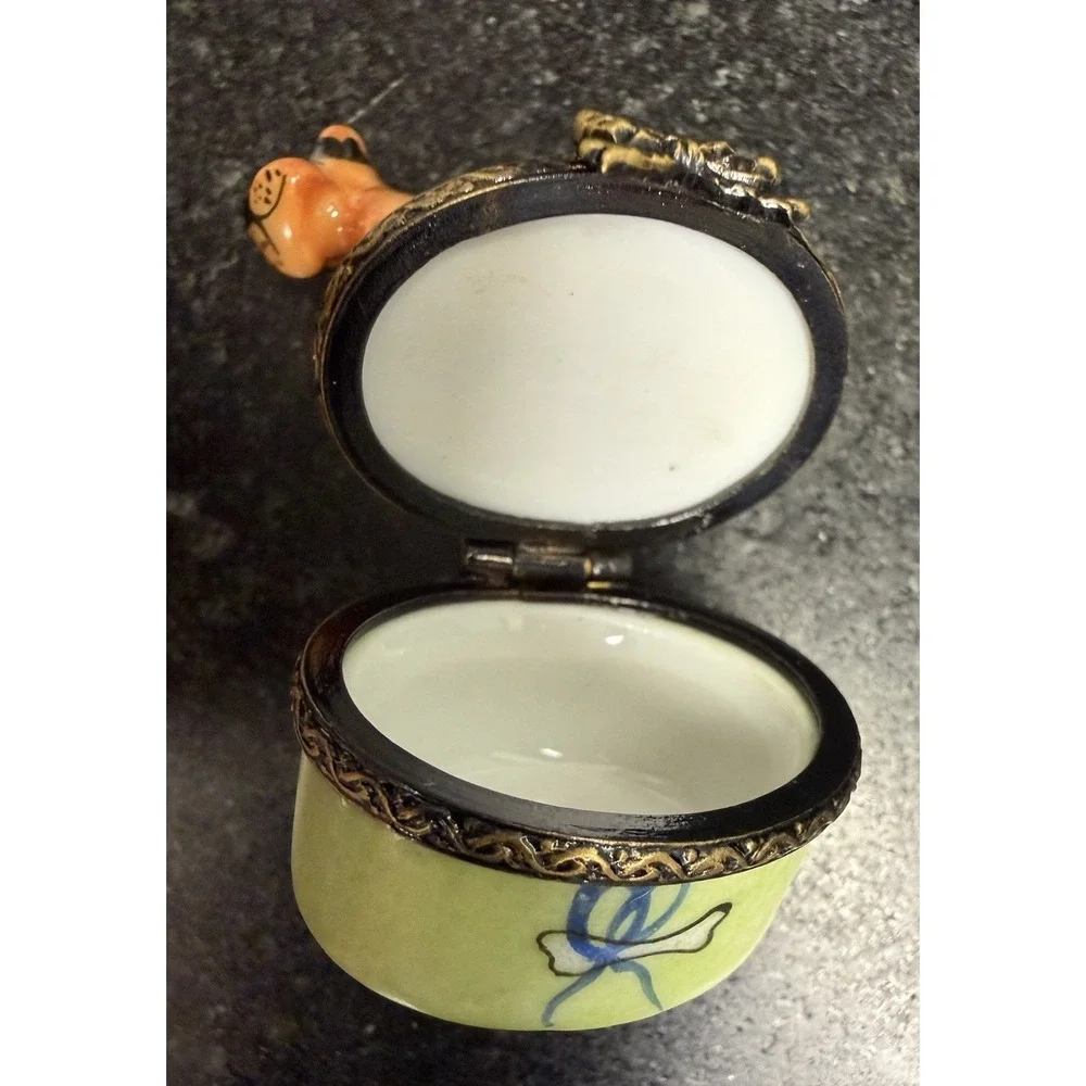 Eximious Limoges France Terrier Dog Trinket Box Hand Painted Porcelain Miniature